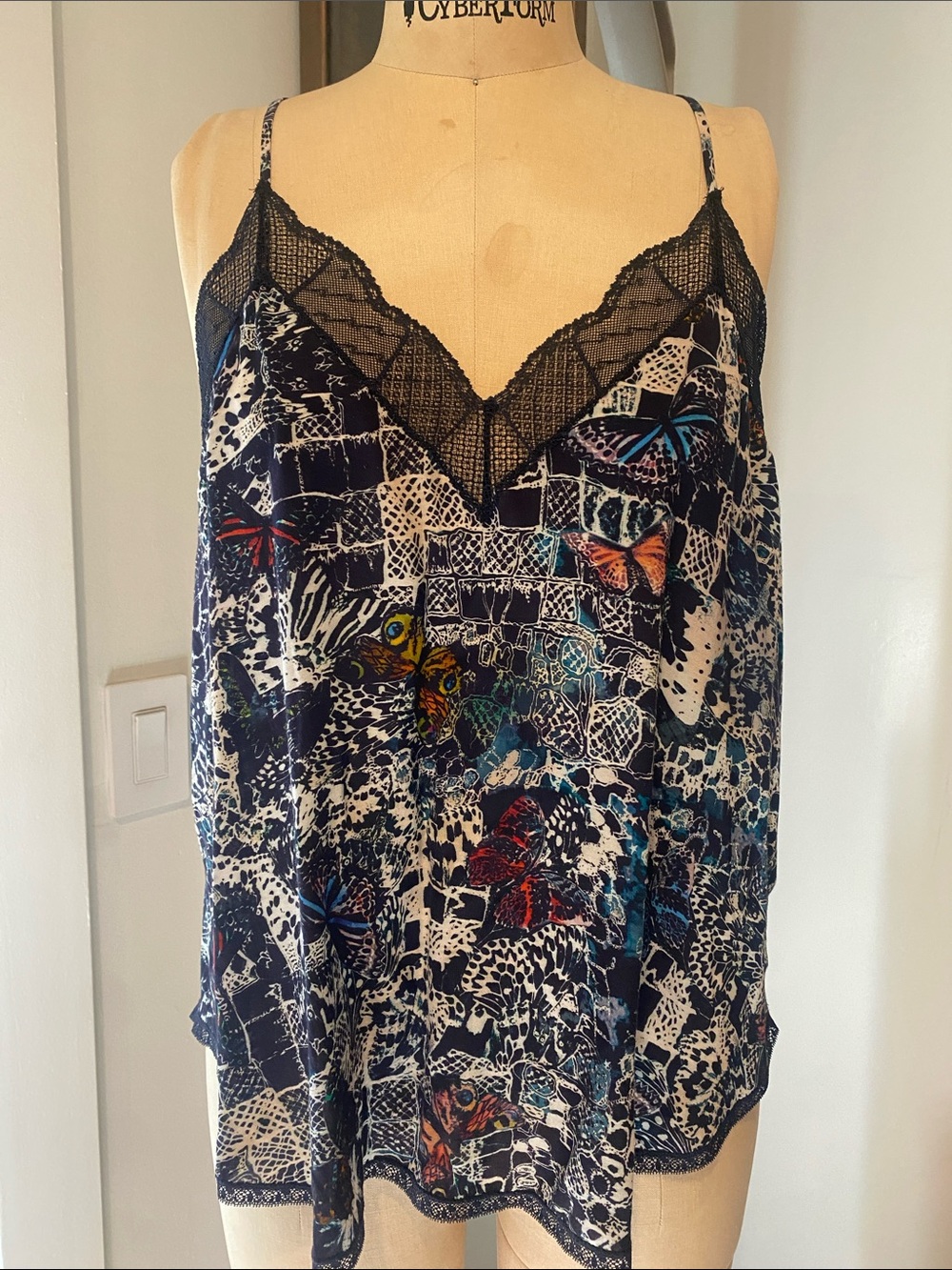 Zadig & Voltaire Navy Lace-Trim Butterfly Print Cami